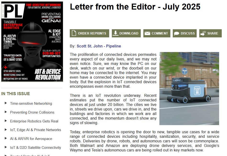 PipelineWire's tweet image. Managing editor of #Pipeline magazine, Scott St. John discusses the #IoT &amp;amp; #Device Revolution issue including #AI, #AR/ #VR, #D2D #satellite, #drones, #robotics, #TSN, #IoT risks, and more click here ow.ly/ywmc50WlnKV.