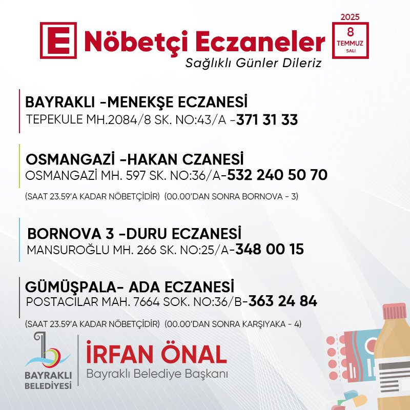 İhtiyacınız olmaması dileğiyle. Sağlıklı günler diliyoruz. #Bayraklı #NöbetçiEczane