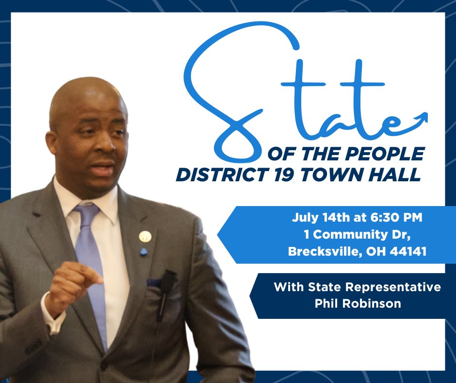 RepPhilRobinson's tweet image. 📣 Town Halls Continue 📣
We're back on the road next week—District 19, we want to hear from you!
📍 Brecksville Community Center
🗓️ Mon, July 14 | 🕡 6:30 PM
Hear how the state budget impacts you and get key updates. Join us!
