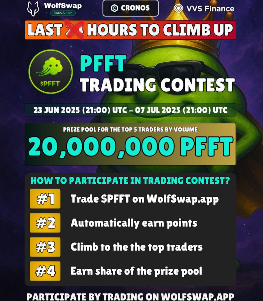 Fartcoin CRO (@fartcoincro) on Twitter photo ⏰ Final hours of the $PFFT Trading Contest on <a href="/wolfswapdotapp/">Wolfswap | Swap & Earn</a> ! Who will seize the big prize? 🏆
Fierce battles in the last stretch volume’s absolutely off the charts! 📈
Good luck to everyone fighting for that top spot! 🚀
<a href="/VVS_finance/">VVS-Finance</a>
#PFFT #Wolfswap ⏰ Final hours of the $PFFT Trading Contest on <a href="/wolfswapdotapp/">Wolfswap | Swap & Earn</a> ! Who will seize the big prize? 🏆
Fierce battles in the last stretch volume’s absolutely off the charts! 📈
Good luck to everyone fighting for that top spot! 🚀
<a href="/VVS_finance/">VVS-Finance</a>
#PFFT #Wolfswap