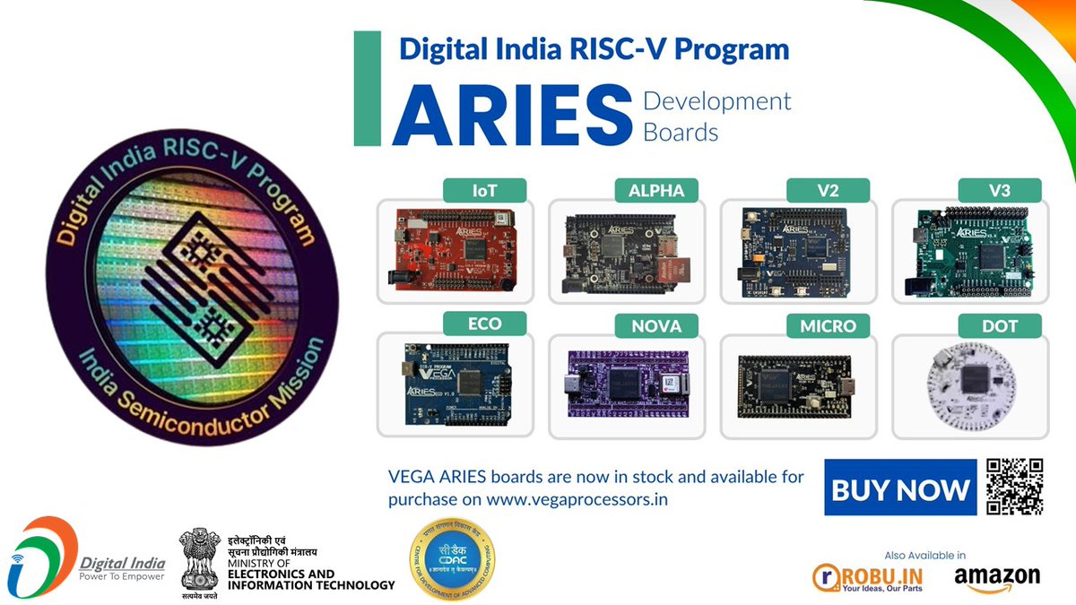 Ministry of Electronics & IT (@goi_meity) on Twitter photo Inviting #Startups, #DIY community, and #Researchers to innovate applications using Aries boards based on Indigenous <a href="/VegaProcessor/">VEGA Processors</a> developed by <a href="/cdacindia/">C-DAC India</a> under <a href="/DIRISCV/">DIR-V</a>
1๏ธโฃ <a href="/amazonIN/">Amazon India</a>
2๏ธโฃ <a href="/robulabs/">Robu.in</a>
3๏ธโฃ <a href="/VegaProcessor/">VEGA Processors</a>
4๏ธโฃ <a href="/GeM_India/">GeM</a> Inviting #Startups, #DIY community, and #Researchers to innovate applications using Aries boards based on Indigenous <a href="/VegaProcessor/">VEGA Processors</a> developed by <a href="/cdacindia/">C-DAC India</a> under <a href="/DIRISCV/">DIR-V</a>
1๏ธโฃ <a href="/amazonIN/">Amazon India</a>
2๏ธโฃ <a href="/robulabs/">Robu.in</a>
3๏ธโฃ <a href="/VegaProcessor/">VEGA Processors</a>
4๏ธโฃ <a href="/GeM_India/">GeM</a>