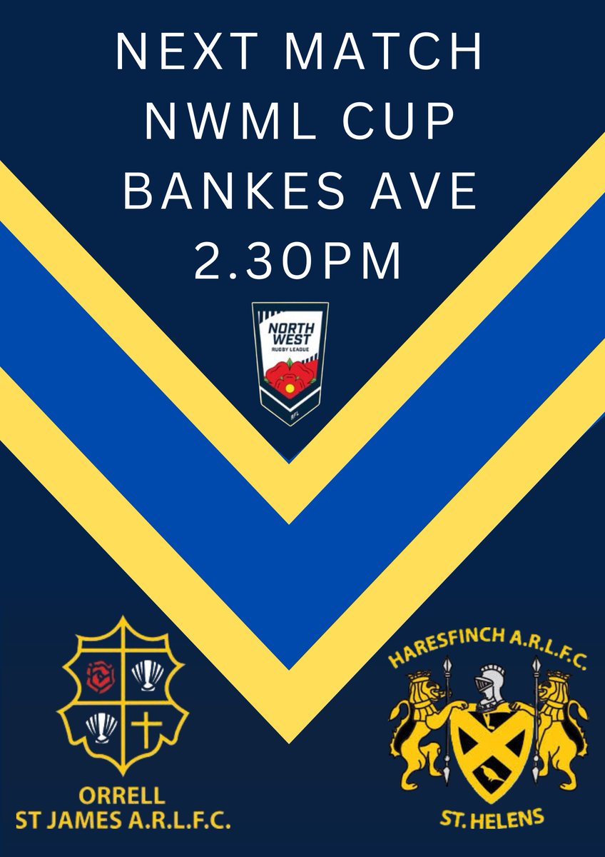 This Saturday we take on Haresfinch in the NWML Cup semi final! 

🆚️ <a href="/HaresfinchARLFC/">Haresfinch ARLFC🏉</a> 
📆 Saturday 12th July
⏰️ 2.30pm ko
🏆 NWML Cup Semi Final
🎟 Free Entry

🔵🟡