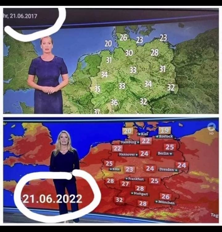 En 2017, 28 grados en Berlín era considerado normal. En 2022, 25 grados (3 grados menos), ya es calentamiento global. Pura manipulación para hacernos creer que tenemos que dejar de producir vacas para que bill gates pueda vender su porquería de laboratorio. Lamentable los medios.