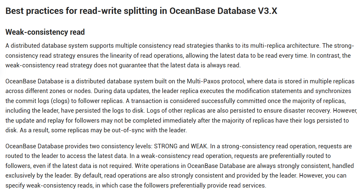 LudwigEber51557's tweet image. 📖 Best practice in #OceanBase V3.X: Enable weak-consistency reads to offload leaders & boost read throughput!
Ideal when your app tolerates slight data delay. ✅
Bonus: Bounded staleness + monotonic read = reliable + efficient access.
#DistributedDB #HTAP