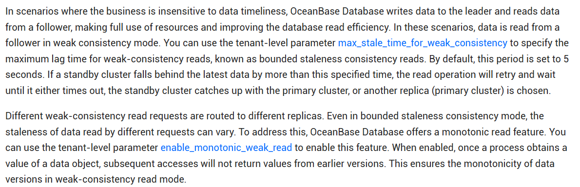 LudwigEber51557's tweet image. 📖 Best practice in #OceanBase V3.X: Enable weak-consistency reads to offload leaders & boost read throughput!
Ideal when your app tolerates slight data delay. ✅
Bonus: Bounded staleness + monotonic read = reliable + efficient access.
#DistributedDB #HTAP