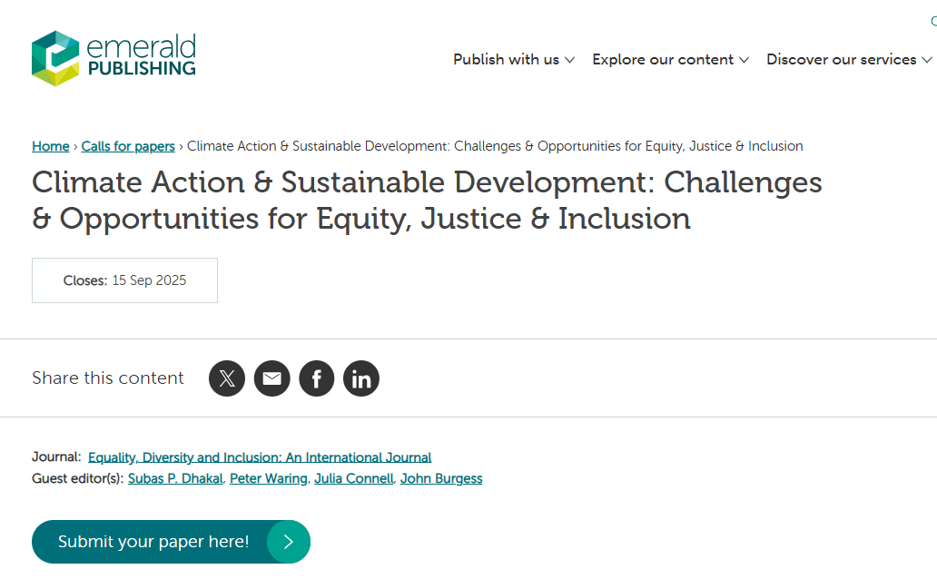 EDI Journal (@edi_journal) on Twitter photo EXCITING! Our CfP📢<a href="/EDI_Journal/">EDI Journal</a> - '#ClimateAction & #Sustainable Development: Challenges & Opportunities for Equity, #Justice & #Inclusion'. Guest eds: Subas P. Dhakal, Peter Waring, Julia Connell & John Burgess. Deadline EXTENDED: 15 Sept 2025🥳Info here: emeraldgrouppublishing.com/calls-for-pape… EXCITING! Our CfP📢<a href="/EDI_Journal/">EDI Journal</a> - '#ClimateAction & #Sustainable Development: Challenges & Opportunities for Equity, #Justice & #Inclusion'. Guest eds: Subas P. Dhakal, Peter Waring, Julia Connell & John Burgess. Deadline EXTENDED: 15 Sept 2025🥳Info here: emeraldgrouppublishing.com/calls-for-pape…