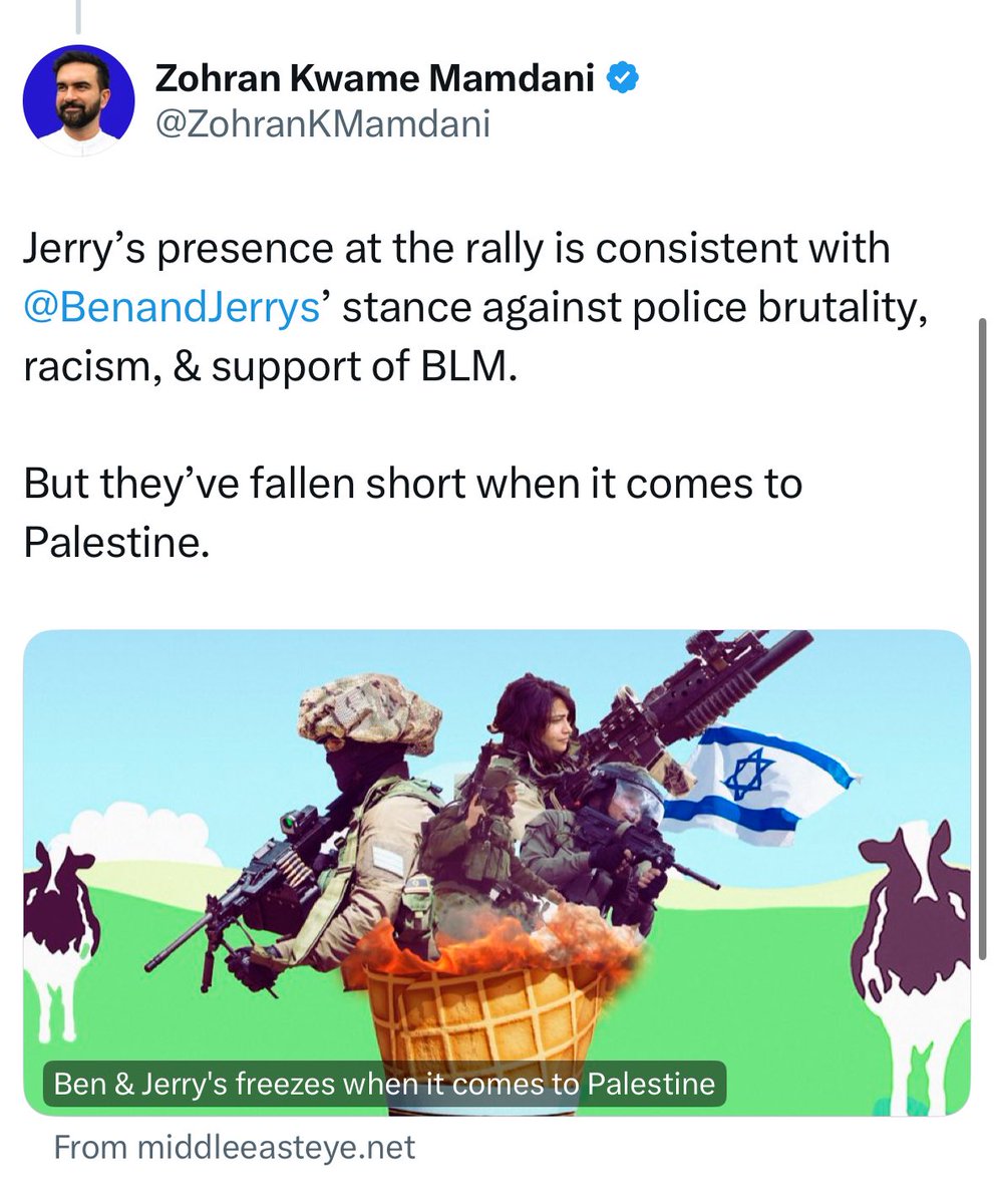 Thank you Zohran for recognizing that Ben &amp; Jerry’s don’t take their anti-Zionism far enough. They should self-immolate.