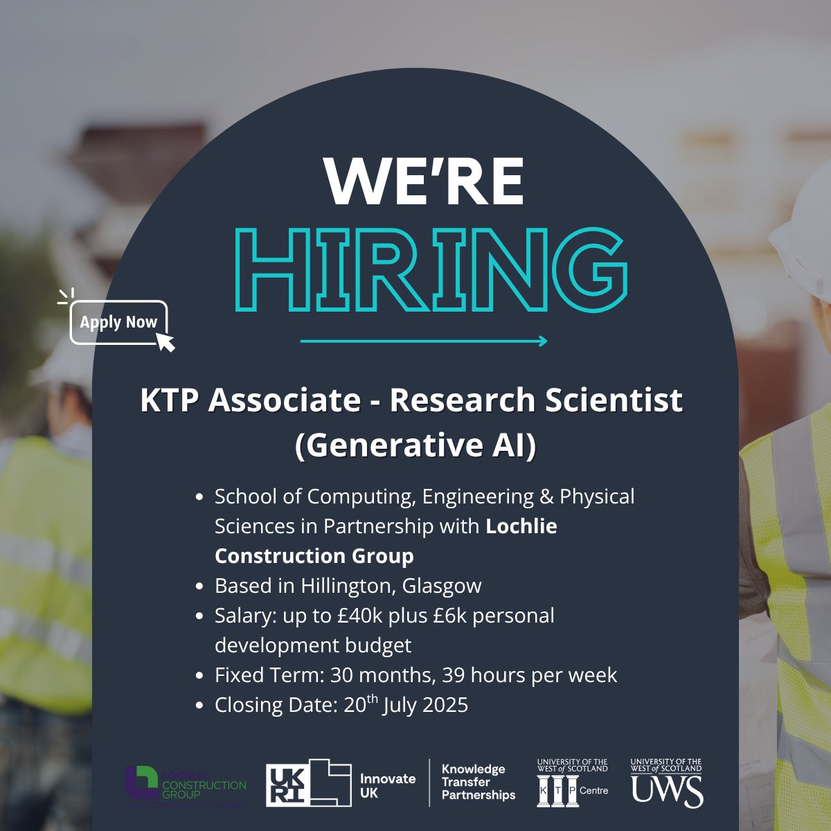#wearehiring

Not long left to apply for the #KTP Associate role in partnership with Lochlie Construction and the School of Computing, Engineering and Physical Sciences at <a href="/UniWestScotland/">UWS</a>🌟

Apply now: jobs.uws.ac.uk/ce0974li_webre…

<a href="/IUK_KTP/">Knowledge Transfer Partnerships at Innovate UK</a> #LifeAtUWS