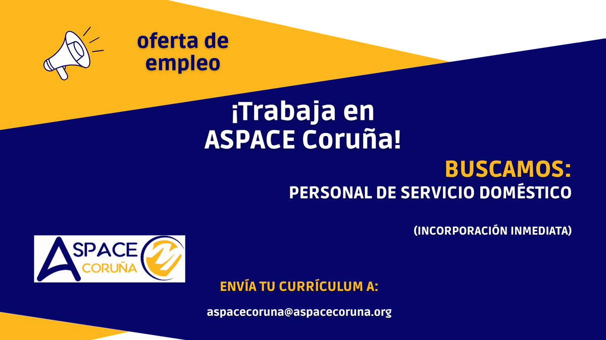 ASPACE Coruña (@aspacecoruna) on Twitter photo 📣OFERTA DE EMPLEO: ASPACE Coruña selecciona personal de Servicio Doméstico (Limpieza/Lavandería). Las personas interesadas pueden enviar su currículum a aspacecoruna@aspacecoruna.org.
#SomosASPACE #ParálisisCerebral #ofertadeempleo 📣OFERTA DE EMPLEO: ASPACE Coruña selecciona personal de Servicio Doméstico (Limpieza/Lavandería). Las personas interesadas pueden enviar su currículum a aspacecoruna@aspacecoruna.org.
#SomosASPACE #ParálisisCerebral #ofertadeempleo