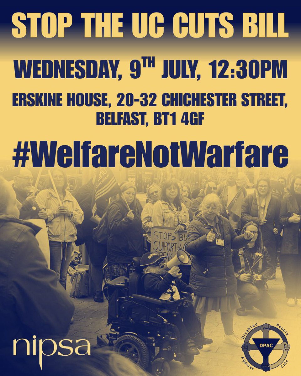 📢 Protest: Stop the UC Cuts Bill!
Deaf people, people with disabilities &amp; allies will rally against cuts to Universal Credit that could see new applicants lose £50/week.

🗓 Wed 9 July, 12:30PM
📍 Erskine House, 20–32 Chichester Street, Belfast, BT1 4GF

#WelfareNotWarfare