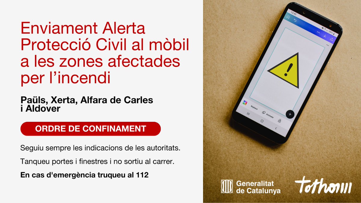 📲 Enviament Es-Alert per l'incendi a Päuls amb ordre de confinament a Paüls, Xerta, Alfara de Carles i Aldover

Tanqueu portes i finestres i no sortiu al carrer

Seguiu sempre les indicacions oficials

#AlertaCat #INFOCAT