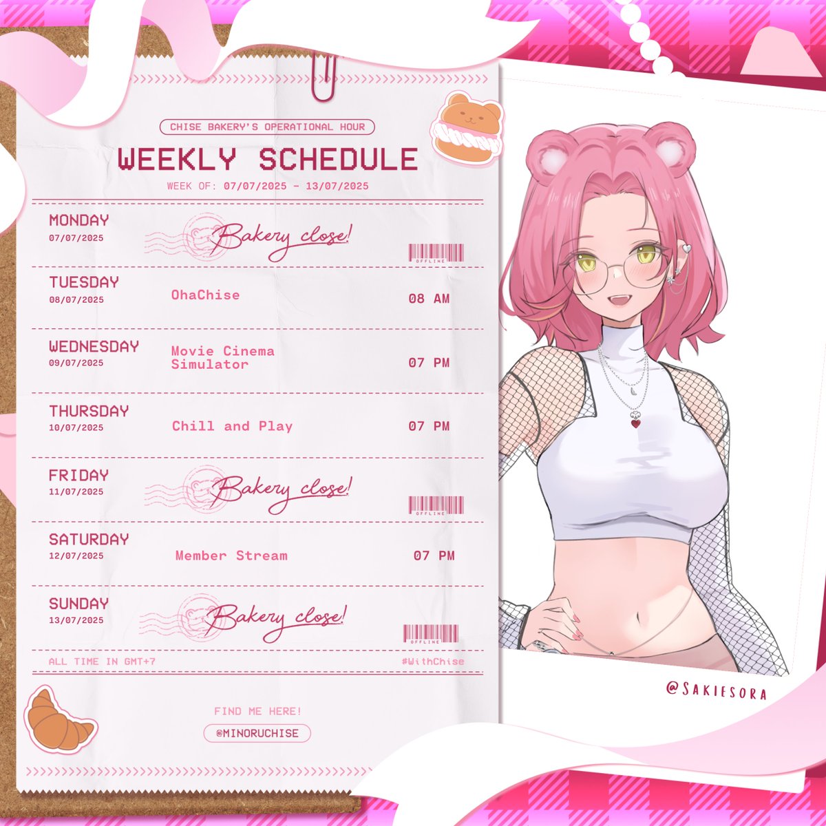 【 Weekly Schedule 】 
07 July - 13 July 2025

Tags : 
❥ General : #MinoruChise
❥ Live : #WithChise
❥ Fan art : #ChiseArt
❥ Meme : #ChiLawak
❥ Fan name : #Bauwang 

🔗 Youtube : youtube.com/@minoruchisech…