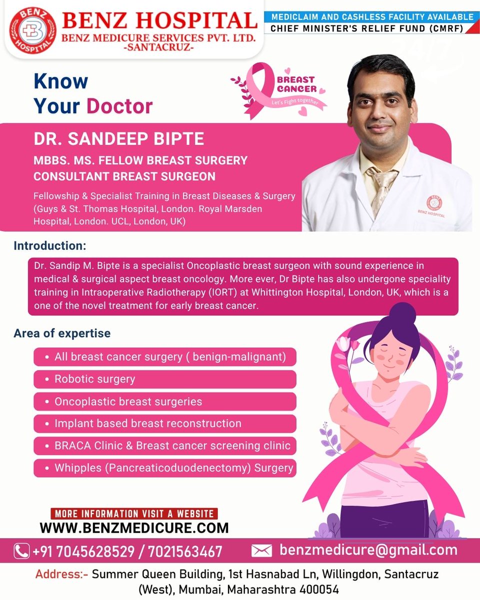 🔬 Know Your Specialist – Because Early Detection Saves Lives
Meet Dr. Sandeep M. Bipte, one of Mumbai’s most experienced Consultant Breast Surgeons, trained at prestigious institutions in London, UK.

#BenzHospital #DrSandeepBipte #BreastCancerCare #OncoplasticSurgery