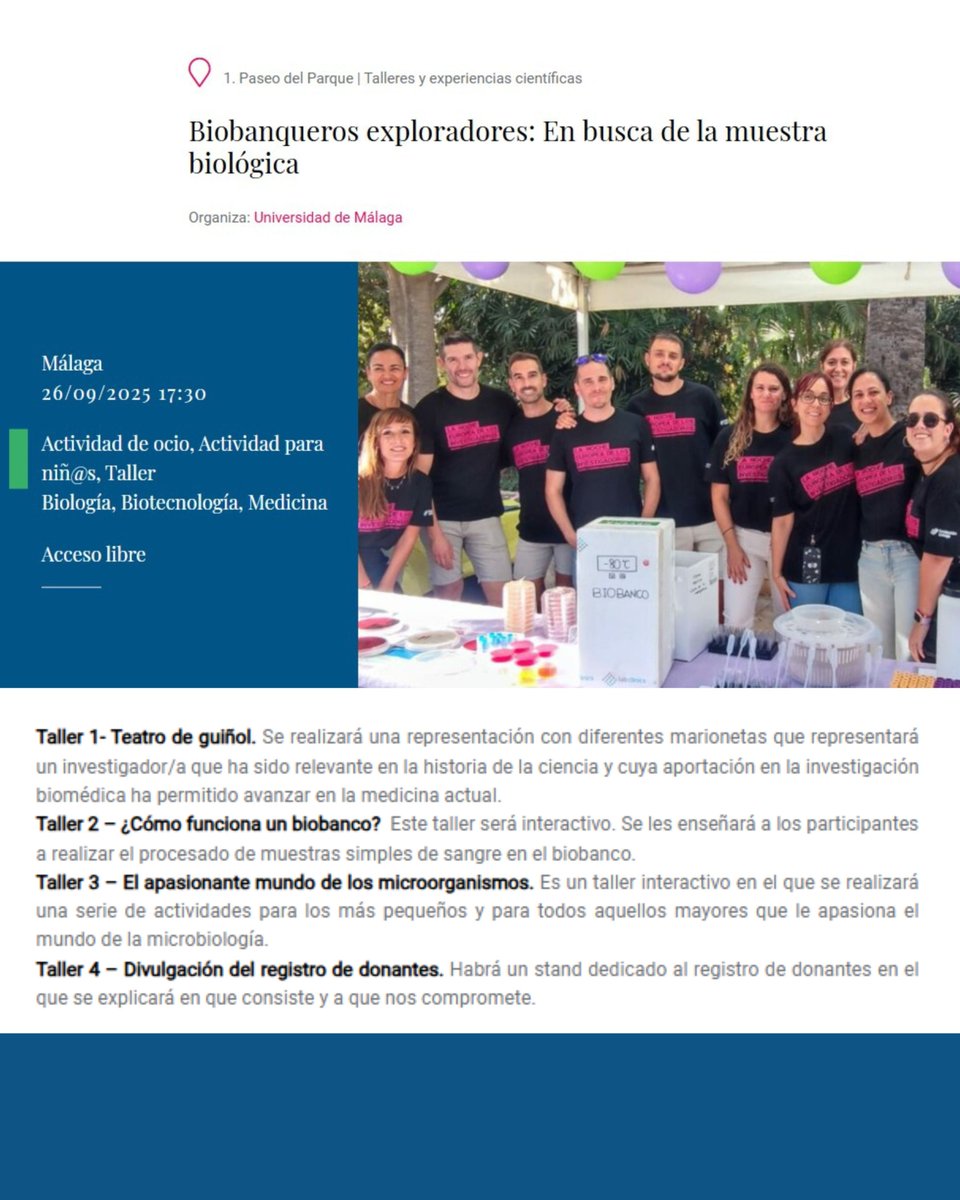 IBIMA Plataforma BIONAND (@_ibima) on Twitter photo 🔬 ¡Explora el mundo oculto de las muestras biológicas!
El <a href="/BiobancoDelSSPA/">Biobanco del SSPA</a> participa de "Biobanqueros exploradores" en la #NocheEuropeaInvestigadores <a href="/umadivulga/">UMA Divulga</a>
📍 Málaga
🗓️ 26/09
🕠 17:30 h
Teatro, talleres y mucho más para toda la familia. bit.ly/46unaaB 🔬 ¡Explora el mundo oculto de las muestras biológicas!
El <a href="/BiobancoDelSSPA/">Biobanco del SSPA</a> participa de "Biobanqueros exploradores" en la #NocheEuropeaInvestigadores <a href="/umadivulga/">UMA Divulga</a>
📍 Málaga
🗓️ 26/09
🕠 17:30 h
Teatro, talleres y mucho más para toda la familia. bit.ly/46unaaB