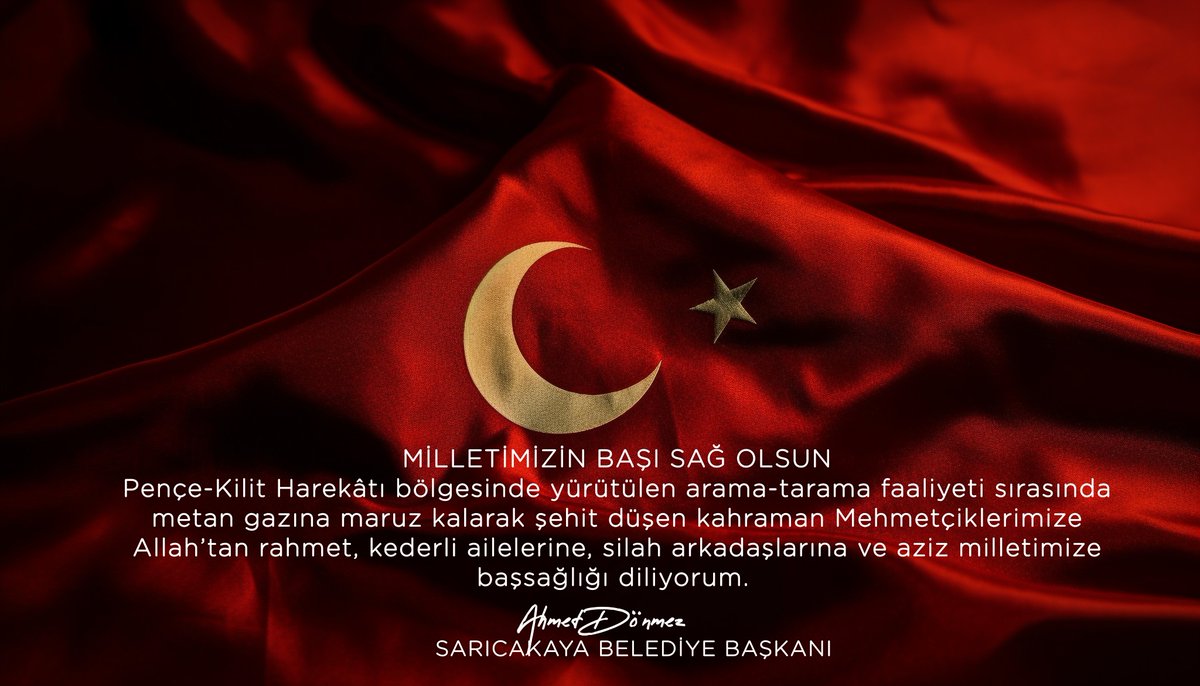 Milletimizin Başı Sağ Olsun
Pençe-Kilit Harekâtı bölgesinde yürütülen arama-tarama faaliyeti sırasında metan gazına maruz kalarak şehit düşen kahraman Mehmetçiklerimize Allah’tan rahmet, kederli ailelerine, silah arkadaşlarına ve aziz milletimize başsağlığı diliyorum.