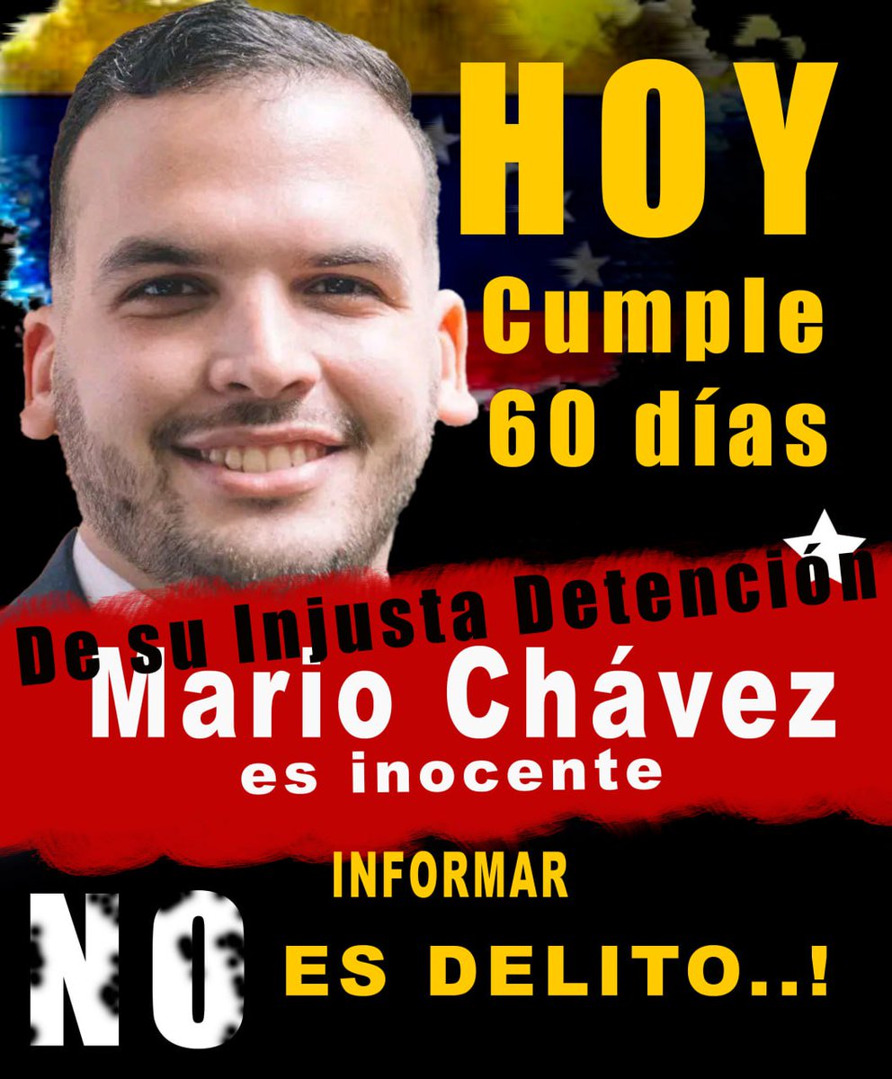 Yandir_PCD's tweet image. #AlMomento #7Julio
A DOS MESES DE SU DETENCIÓN ARBITRARIA, EXIGIMOS LA LIBERTAD INMEDIATA DEL PERIODISTA MARIO CHÁVEZ COHEN Y CONDENAMOS LOS ATAQUES A LA LIBERTAD DE PRENSA EN VENEZUELA
Caracas, 6 de julio de 2025 — El Partido Centro Democrático Venezuela alza su voz con firmeza…