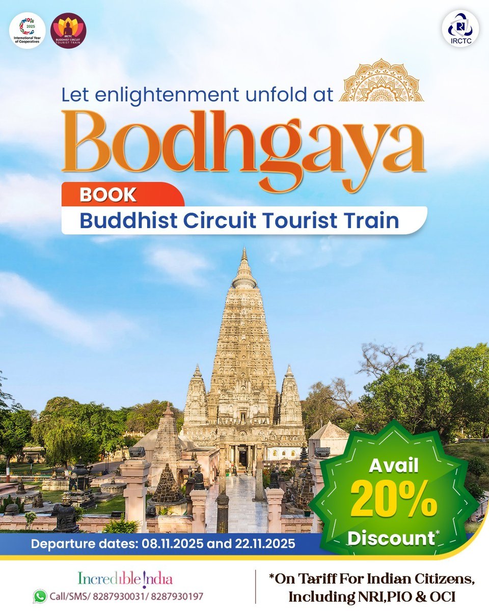 Let the #buddhistcircuittouristtrain tour to Bodhgaya inch you closer to enlightenment.

Book today and avail a 20% discount on the tariff for Indian Citizens, including NRI, PIO &amp; OCI.

Departure dates: 08.11.2025 and 22.11.2025.
For more information, visit LINK IN THE BIO.