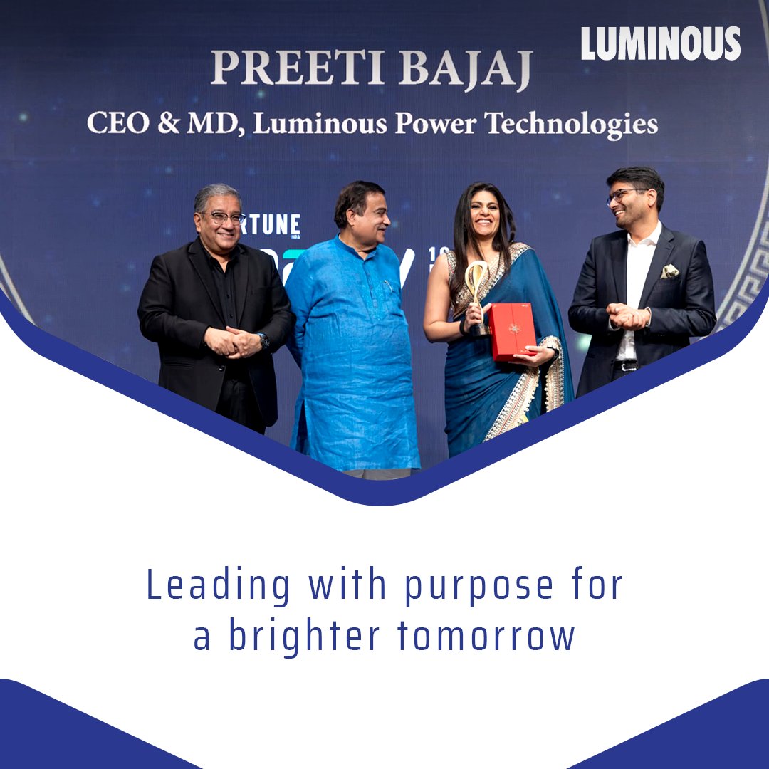 We’re celebrating a proud milestone at Luminous!
Our CEO, <a href="/preetib36/">Preeti</a>, has been named one of <a href="/FortuneIndia/">Fortune India</a> 100 Most Powerful Women 2025 — honoured for her visionary leadership in clean energy, allyship, and innovation.

#MostPowerfulWomen #FortuneIndia #Leadership #WomenInBusiness
