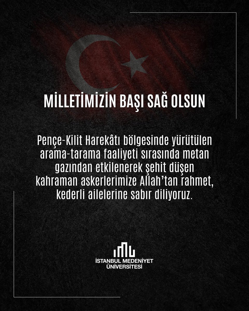 MİLLETİMİZİN BAŞI SAĞ OLSUN

Pençe-Kilit Harekâtı bölgesinde yürütülen arama-tarama faaliyeti sırasında metan gazından etkilenerek şehit düşen kahraman askerlerimize Allah’tan rahmet, kederli ailelerine sabır diliyoruz.