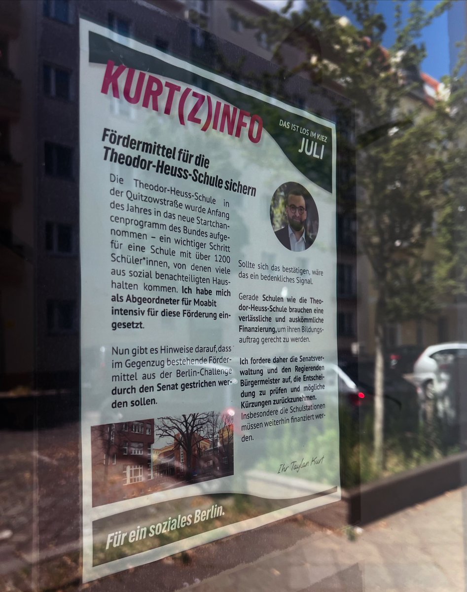 Aktuelle Kiezinfos zu Moabit findet ihr immer in der Kurt(z)info im Schaufenster meines Wahlkreisbüros in der Oldenburger Straße 33. Diesmal geht es um die Theodor-Heuss-Schule und vom Senat angedrohte finanzielle Kürzungen 💶💶💶

#fürmoabit