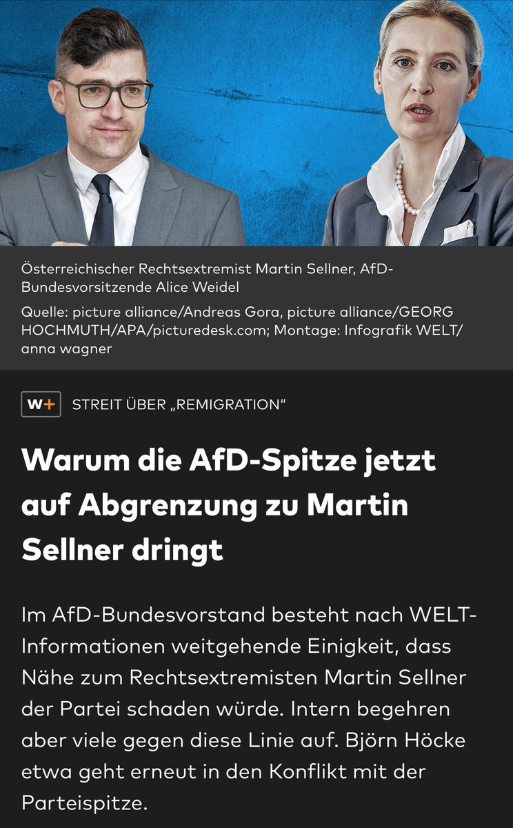 Freddy2805's tweet image. Exklusiv @welt: Der AfD-Bundesvorstand dringt auf eine Abgrenzung zum Rechtsextremisten Martin Sellner. Als Vorstand Reusch in einer Sitzung am heutigen Montag riet, auf Abstand zu gehen, widersprach niemand. Dies soll nun den AfD-Landesvorsitzenden kommuniziert werden. Vielen…