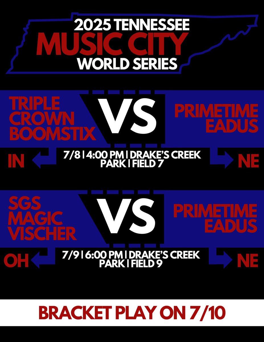 🤠Heading to Nashville.🐴 
Last tournament of the year. 
Games will be live streamed on game changer. PrimetimeEadus18u