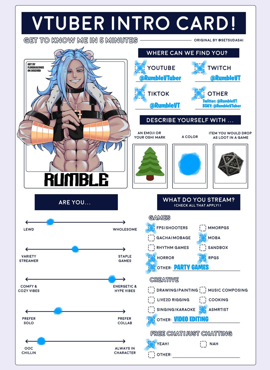 RumbleVT's tweet image. Have I ever done one of these? I don't think so!
Heyo, I'm Rumble! Your energetic Polar Bear streamer ready to make your family politely request to put headphones in! 🌲🐻❄️
I have a strong focus on my community, so I'd love to get to know you! ❤️