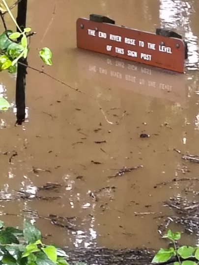 A picture says 1,000 words. The Hurricane Fran sign on the Eno River is under water.  

Photo: Ken Wynne - Durham