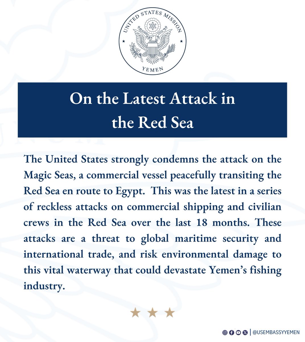 On the Latest Attack in the Red Sea. #USAwithYemen