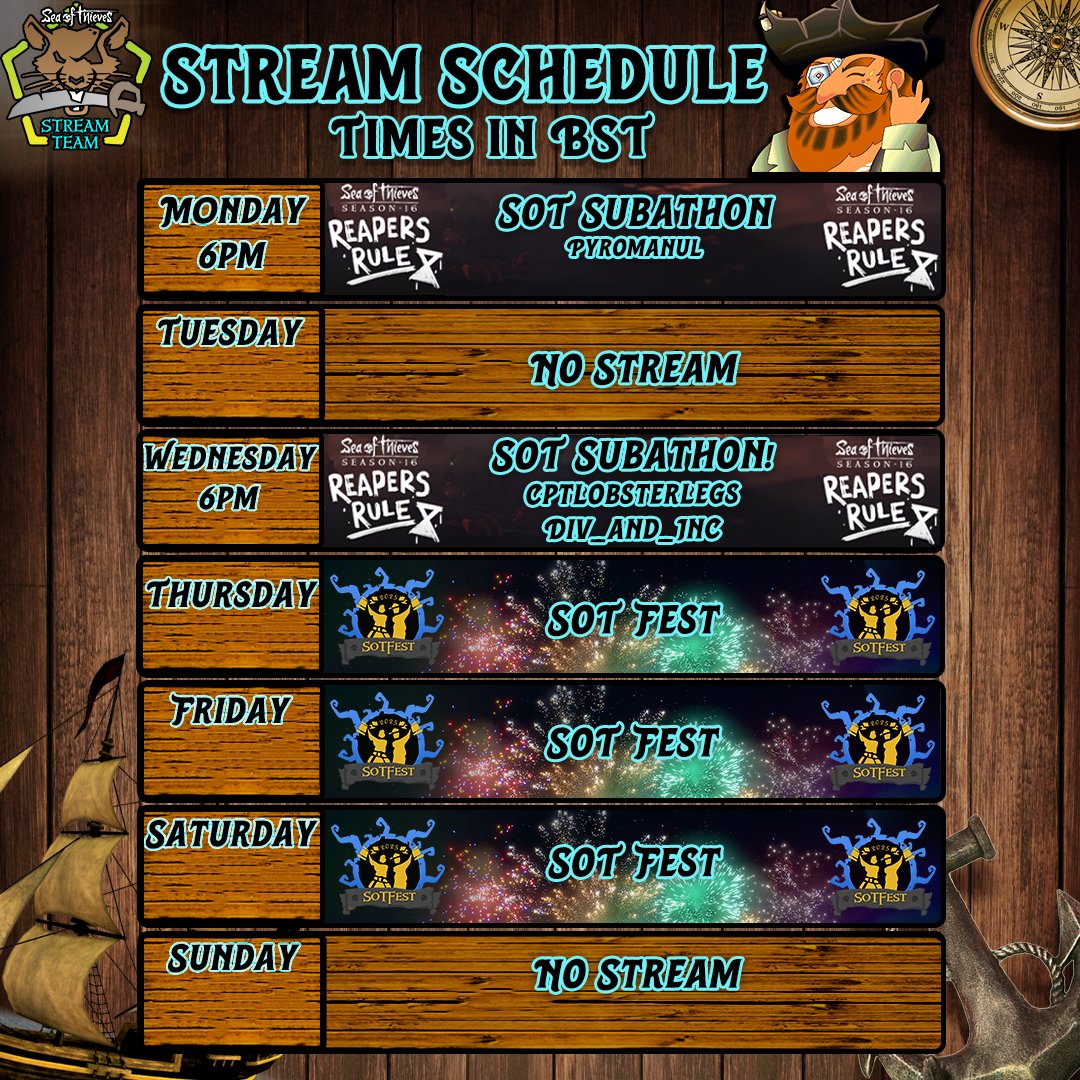 Makakar #SoTFest25 (@makakarttv) on Twitter photo This week's schedule is here!
Busy week, we're carrying on with the subathon, gonna be with <a href="/Pyromanul/">Pyromanul</a>, <a href="/cptlobsterlegs/">Captain Lobster Legs 🦞🦜</a> & <a href="/DivAndInc/">Div_And_Inc</a> plus lots of IRL streams from <a href="/SoTFest/">SoT Fest ➡️ SoTFest ____</a>! This week's schedule is here!
Busy week, we're carrying on with the subathon, gonna be with <a href="/Pyromanul/">Pyromanul</a>, <a href="/cptlobsterlegs/">Captain Lobster Legs 🦞🦜</a> & <a href="/DivAndInc/">Div_And_Inc</a> plus lots of IRL streams from <a href="/SoTFest/">SoT Fest ➡️ SoTFest ____</a>!
