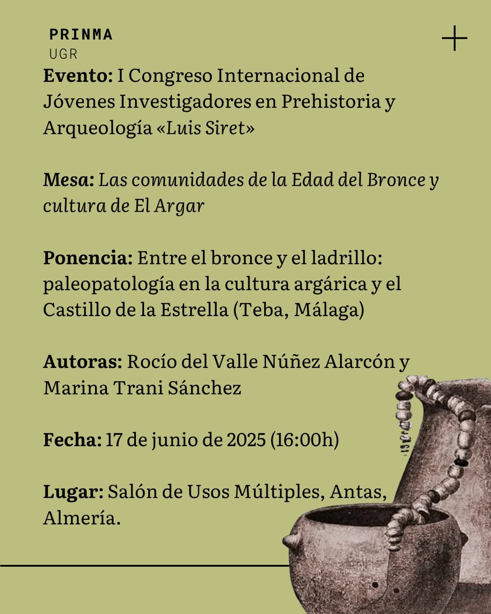 📚 Nueva participación en el I Congreso Luis Siret (Antas, Almería).
🗣️ Marina Trani y Rocío del Valle presentan: Entre el bronce y el ladrillo: paleopatología y Castillo de la Estrella (Teba, Málaga).

#Arqueología #Antas #Paleopatología #LuisSiret