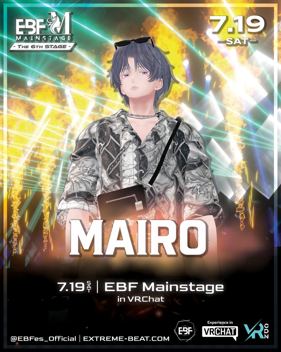 【Extreme Beat Festival Mainstage - The 6th Stage - 】
📣LINE-UP Announcement#3

🎧Mairo🎧 <a href="/Mairo_1119/">Mairo_</a>

📅7/19 (Sat)
🕘21:00-24:00 (JST)
🌐#VRChat Group+【EBF.2027】
#EBFM #EBF #VRChat 
x.com/EBFes_official…