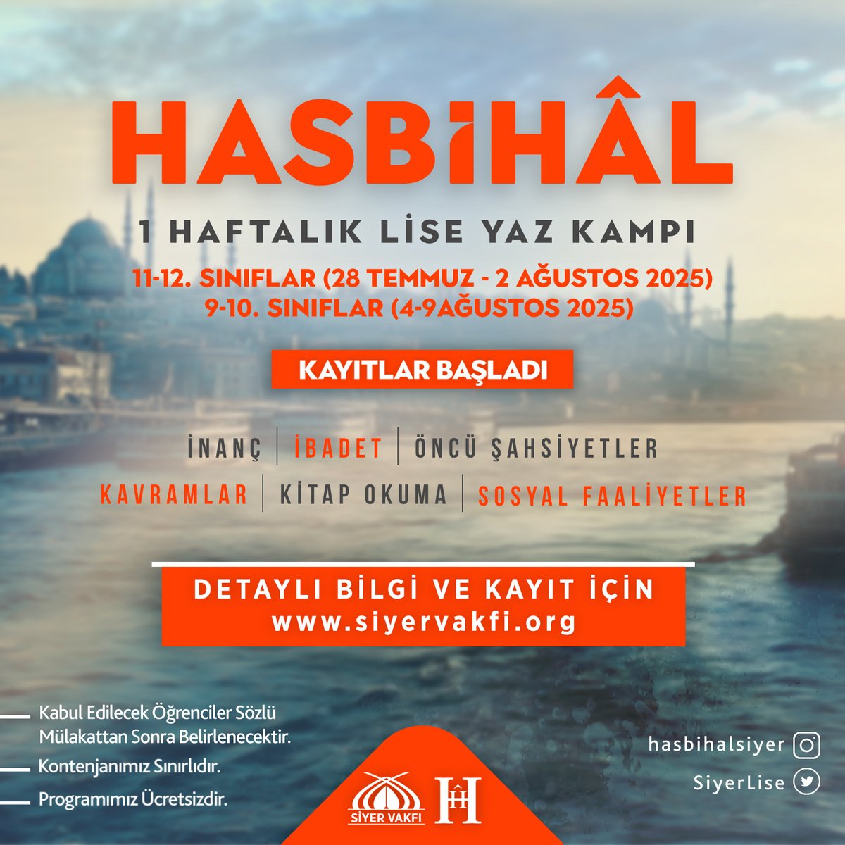 Hasbihâl Lise Yaz Kampı Kayıtlarımız Başladı!

Lise seviyesindeki erkek öğrencilerimizle yaz dönemini verimli ve anlamlı bir şekilde değerlendirmeye devam ediyoruz.

Kampımız hakkında detaylı bilgi ve kayıt için: siyervakfi.org/hasbihal-2025-…