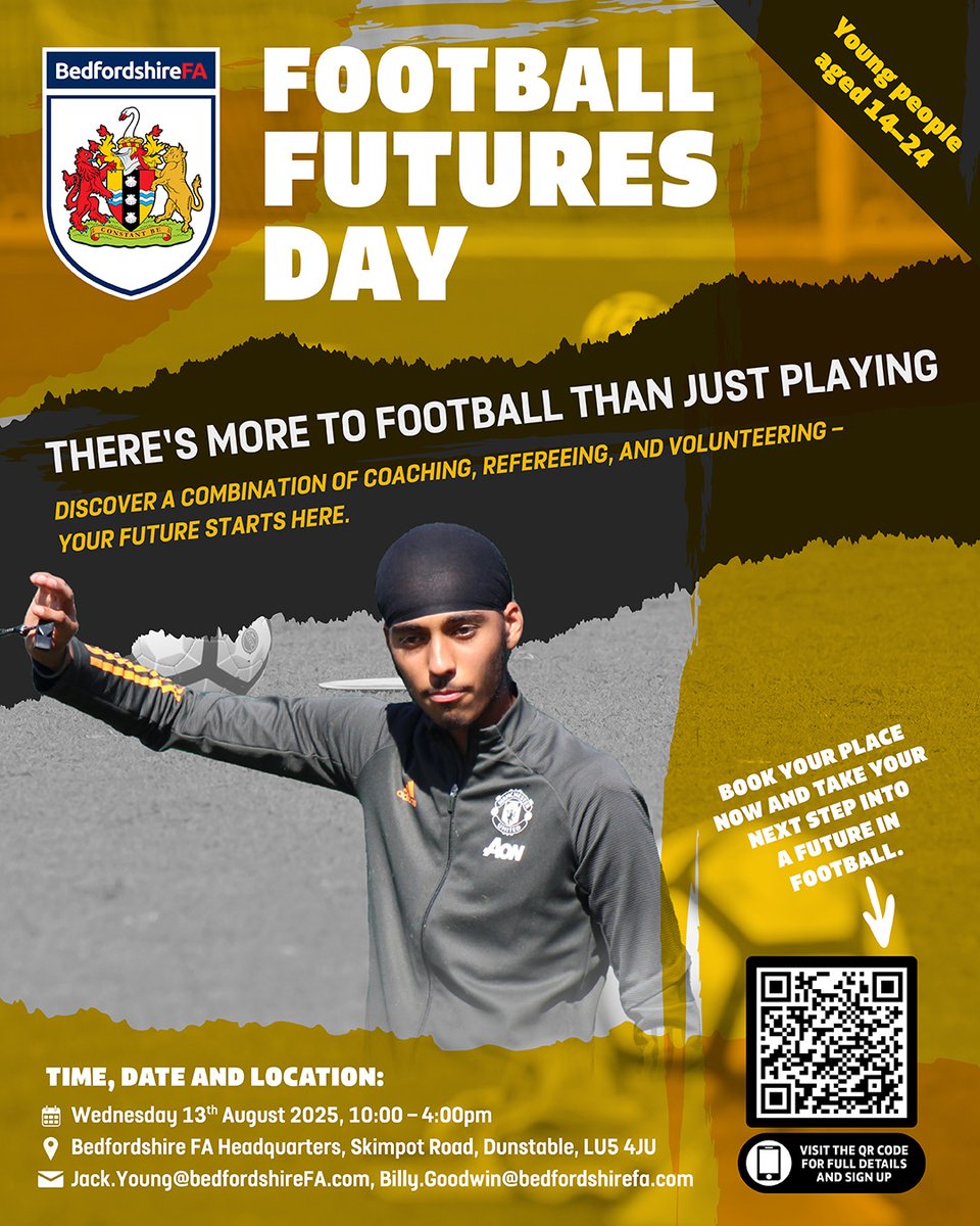 ⚽️FOOTBALL FUTURES DAY⚽️
Book your place now and take your next step into a future in football FOR FREE!
📅 WED 13th Aug 2025
⏲️10:00am - 4:00pm
📍Bedfordshire FA HQ, Skimpot Rd, LU5 4JU
For more information👇
app.smartsheet.com/b/form/63b33dc…