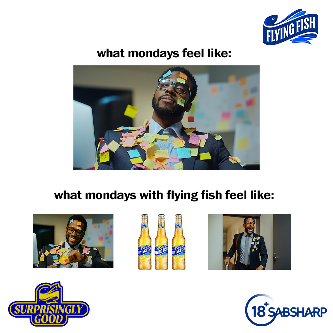 FlyingFishSA's tweet photo. How your Monday’s going:​
Emails. Regret. Dry throat.​

How it could be going with Flying Fish:**​
Full of kind regards, but the mood? Crisp. The vibes? #SurprisinglyGood.​

​QT using #DryDay and tell us how you are treating yourself after work? https://t.co/m2qvcpWDBn