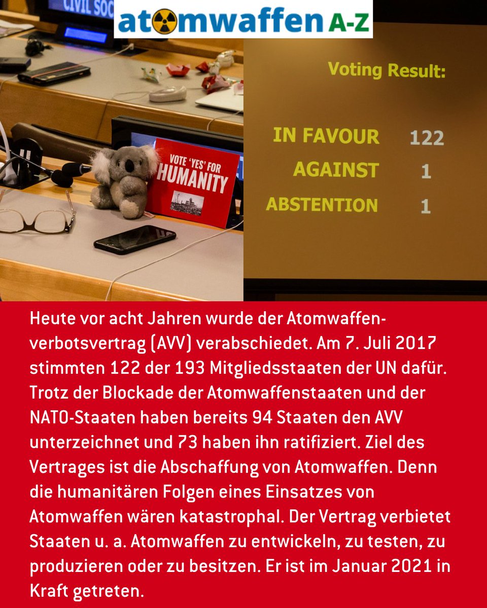 IPPNWgermany's tweet image. 🥳☮ Das war ein besonderer Tag! Doch auch 8 Jahre später fehlt Deutschland noch. @bundeskanzler Merz: Wann unterzeichnet Deutschland das #Atomwaffenverbot?
Mehr zum Atomwaffenverbotsvertrag: atomwaffena-z.info/glossar/begrif…
Gute Gründe für den Vertrag unter: ippnw.de/atomwaffen/ges…