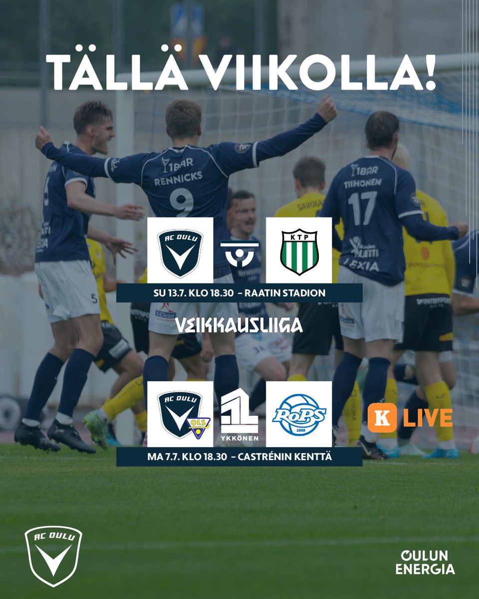 Kahden pelin viikko! 

Tänään reservit kohtaavat RoPS:n ja sunnuntaina edustuksen vuoro pelata tärkeistä pisteistä Raatissa. 

Lue lisää: 
acoulu.fi/uutiset/reserv…

#ACOulu
#Oulu
#Laivastonsiniset
#Vikkausliiga
#Ykkönen 
#OulunEnergia