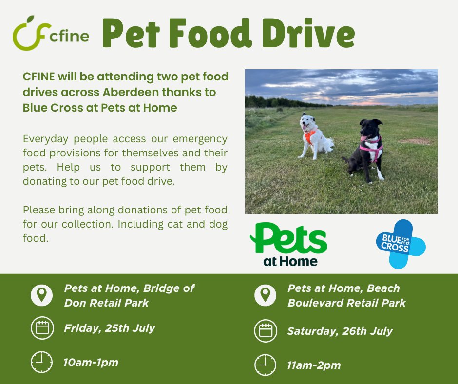 CFINEAberdeen's tweet image. CFINE will be at pet food drives across Aberdeen thanks to Blue Cross and Pets at Home
Pets at Home, Bridge of Don Retail Park
🗓️Friday 25th July
⏰ 10am-1pm
Pets at Home, Beach Boulevard Retail Park
🗓️Saturday 26th July
⏰ 11am-2pm
Spread the word!
@The_Blue_Cross