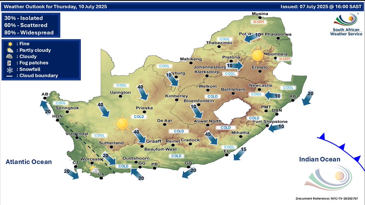 Weather outlook for Wednesday &amp; Thursday, 9 - 10 July 2025.
Partly cloudy &amp; cold to cool with isolated showers along the south-west coast on Wednesday, 09 July 2025. 
#saws #weatheroutlook #southafricanweather