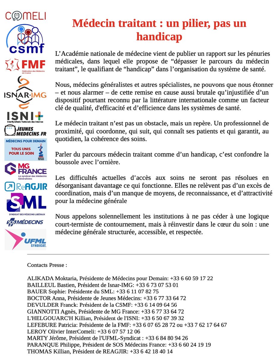 Frédéric Villeneuve (@prodoc71) on Twitter photo 🧭 Quand l’Académie de médecine confond le médecin traitant avec un caillou dans la chaussure, il est temps de rappeler qu’il est… la boussole.
Notre réponse à ce glissement sémantique inquiétant : 📣 « Médecin traitant : un pilier, pas un handicap »
<a href="/FMFofficiel/">FMF_Fédération des Médecins de France</a> 🧭 Quand l’Académie de médecine confond le médecin traitant avec un caillou dans la chaussure, il est temps de rappeler qu’il est… la boussole.
Notre réponse à ce glissement sémantique inquiétant : 📣 « Médecin traitant : un pilier, pas un handicap »
<a href="/FMFofficiel/">FMF_Fédération des Médecins de France</a>