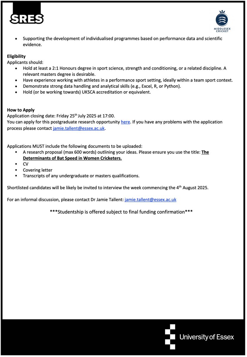 🚨 1st of Two Fully Funded PhD's in Women’s Cricket 🚨

Explore the determinants of bat speed with Middlesex Cricket &amp; University of Essex.

Based in London, starts Oct 2025.

Apply by 25 July 👉
 www1.essex.ac.uk/pgapply/Login.…
 
Please repost and share