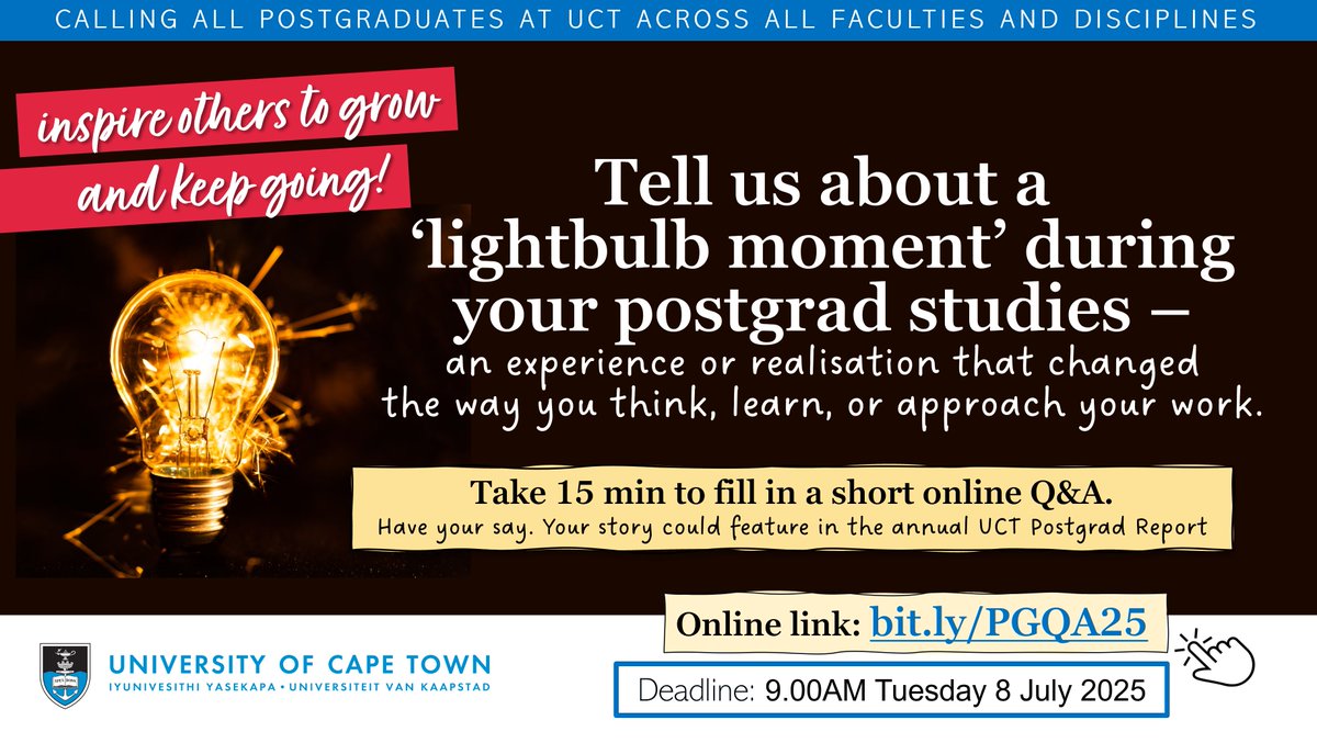 UCTpostgrads's tweet image. Reminder: Tomorrow (Tues 8 July) is the deadline to share your &quot;lightbulb moment&quot; with us! Take 15 min to submit it online: forms.gle/j6Rt5VGvBaHYRL…