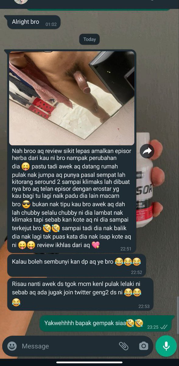 "Saya dah amalkan seminggu, alhamdulillah betul cakap abang memang berkesan sangat saya konsisten

Wife saya puji makin besar and padat time cucuk tu, henjut pun lebih lama.

Air penuh atas muka dia saya bagi"

Itu baru seminggu consume Episor ni, kalau consume 56 botol macam aku