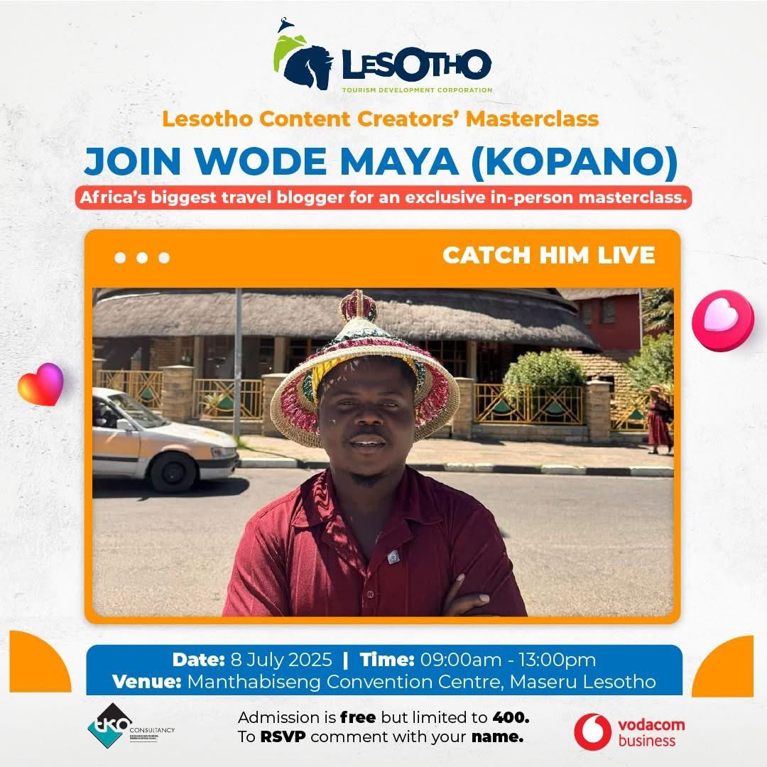 Content creators, come learn from the best! Join Wodemaya for a powerful masterclass on making it big in content creation.

#LocalContentCreators #BuildingTourism #VisitLesotho