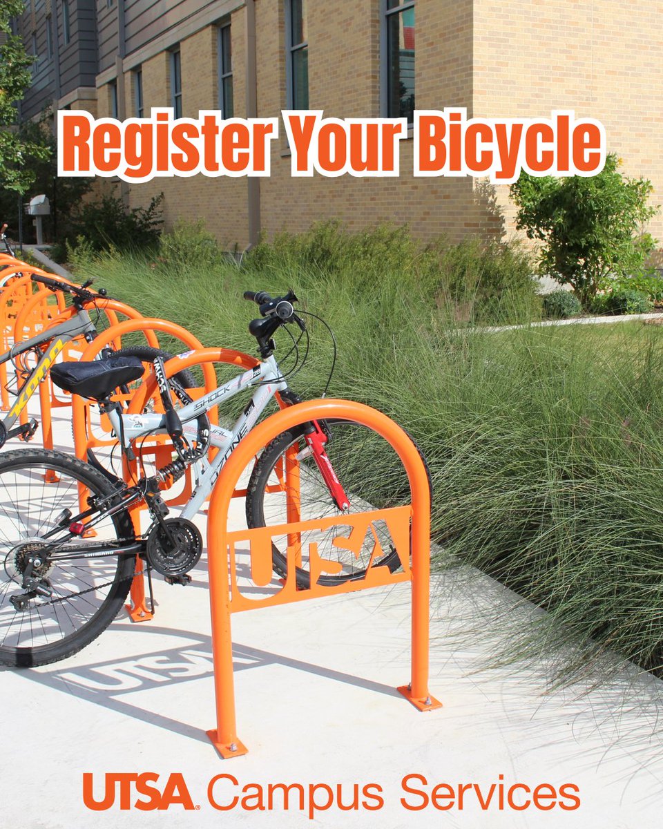 UTSACampusSrvcs's tweet image. Hey, Roadrunners!
Bringing your bicycle to campus this fall? Register it with us to help protect it.
Fill out the online form: utsa.edu/campusservices…
#UTSA #UTSACampusServices #UTSAPD