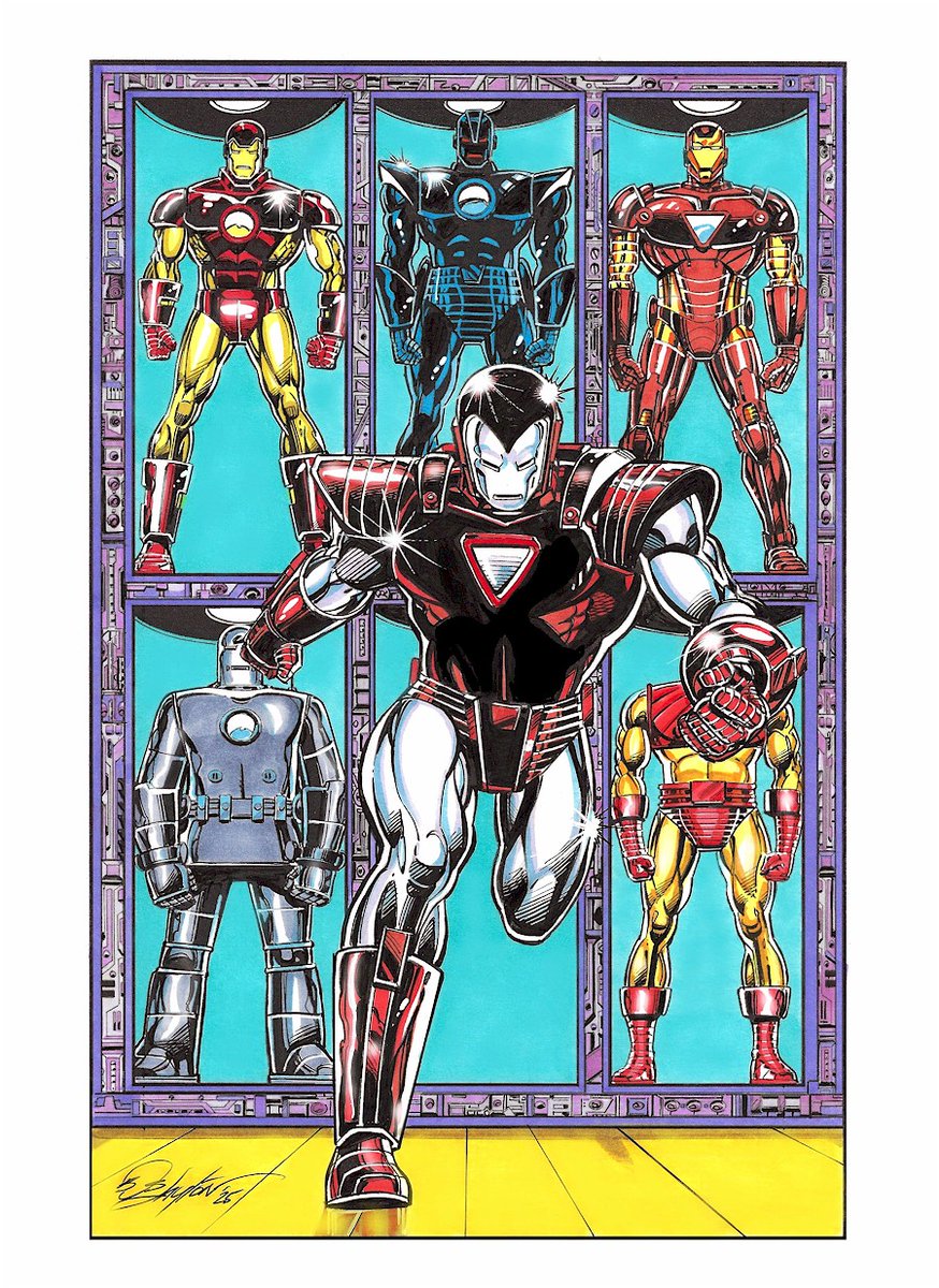 Bob_Layton's tweet image. This color reimagining of my Hall of Iron poster, featuring the Silver Centurion armor, was commissioned in advance of my upcoming appearance at @InkInkCollectibles in Singapore on July 18th. @Marvel @Iron_Man