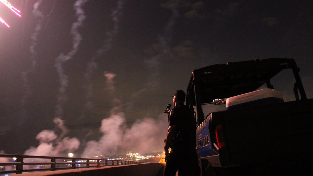 BradentonPD's tweet image. Lt. Ramdath had the job of ensuring pedestrians weren't on the Green Bridge during the #4thofJuly fireworks show - and here's why! The fireworks launch up and over the bridge! He gets the best seat in the house - but has to be alert to falling (and often still flaming) debris!