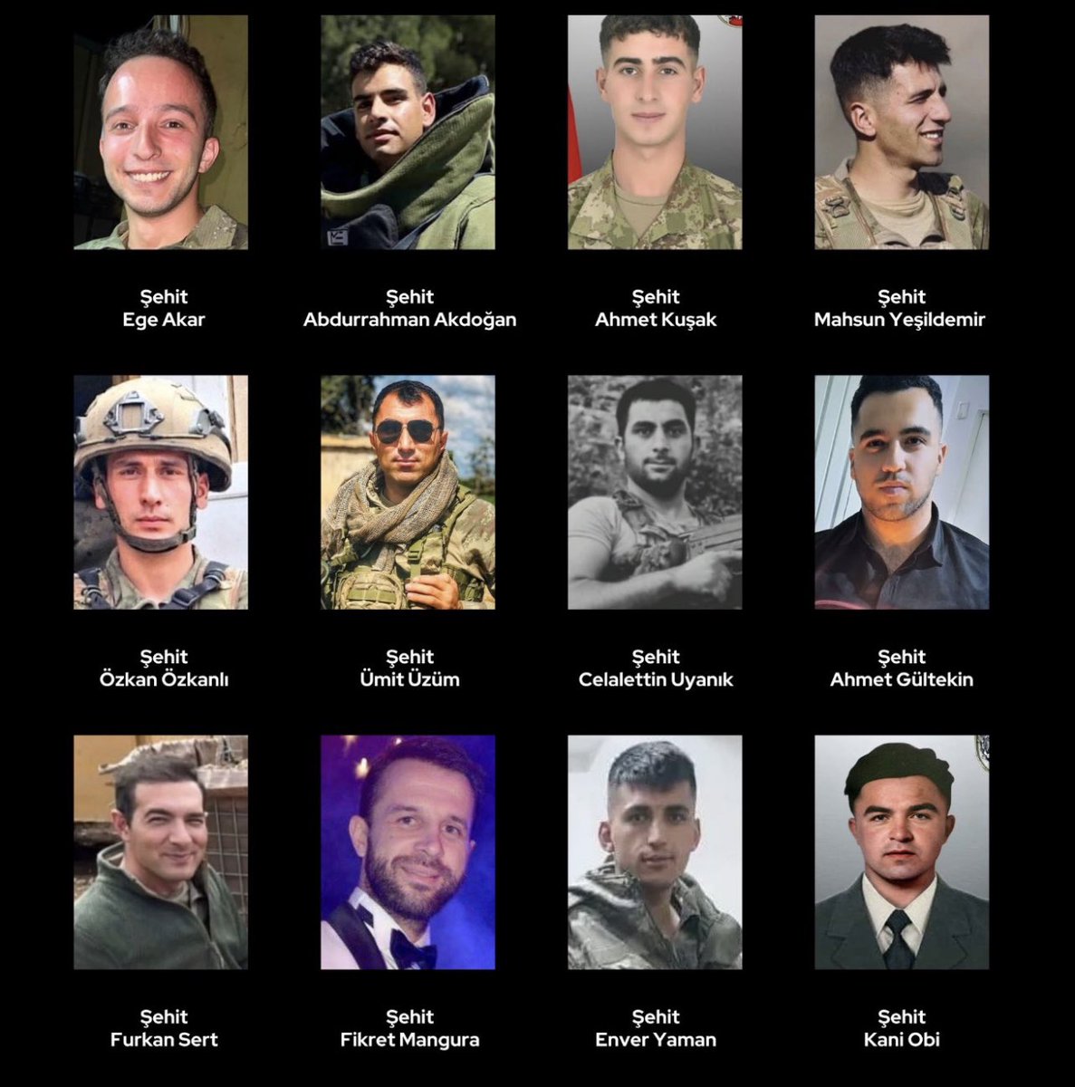 Acımız büyük 
Başımız sagolsun Türkiye'm
Şehitlerimizin ruhu şad, mekanları cennet olsun..
Geride kalan ailelerine, sevenlerine sabırlar diliyorum.Gencliklerin baharinda ebediyete yol almalari cok aci.
Terörü, teröristleri lanetliyorum.