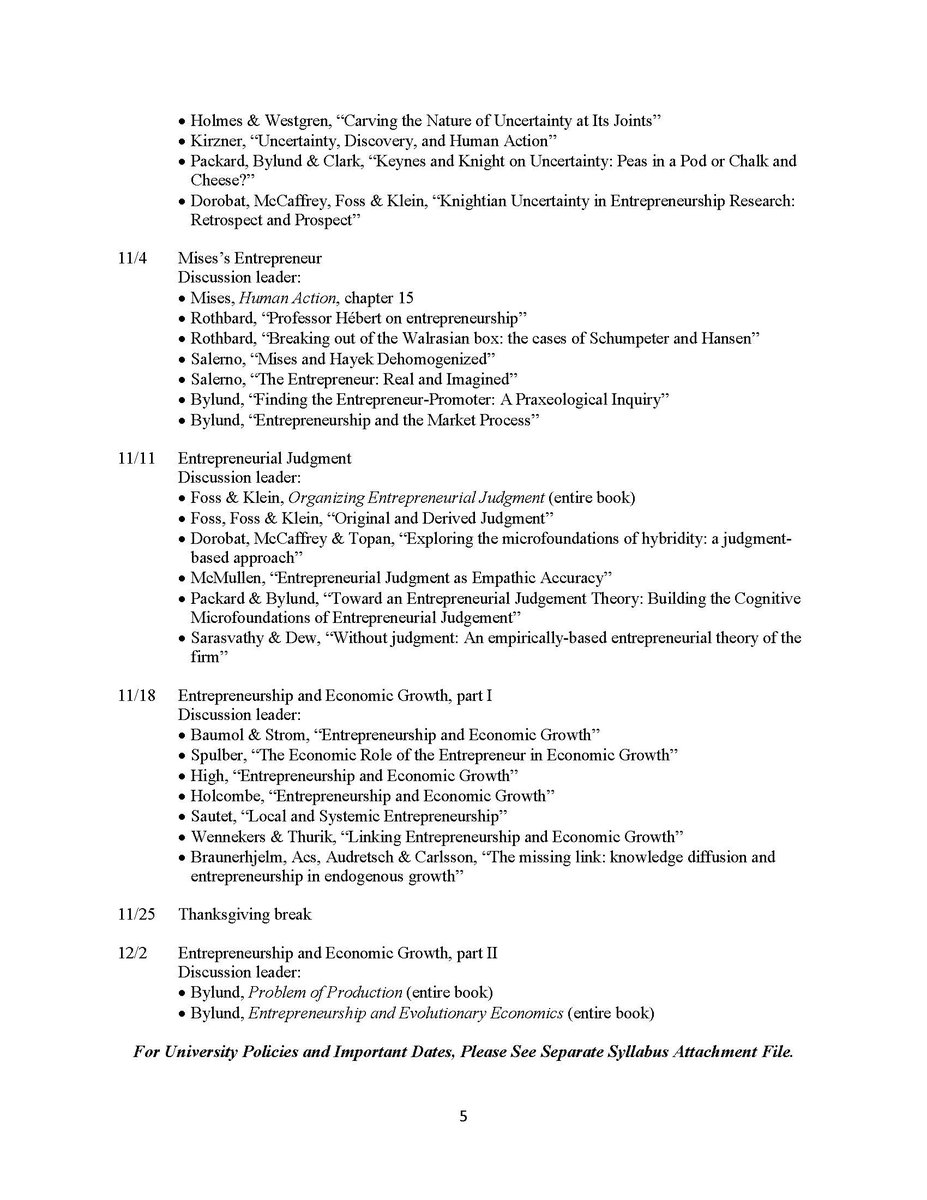 Updated the syllabus for my doctoral seminar "Entrepreneurship: Theory and History" for the fall semester. Here are the assigned readings: