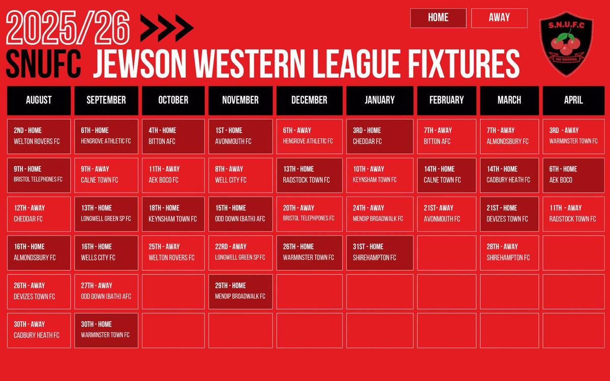 - 2025/26 SNUFC JEWSON WESTERN LEAGUE DIV 1 FIXTURES - 

🍒🍒

Johnsons Stalbridge Linen Services
We Heat South
Madjeston Milk Station
South west tyre services ltd

#UpTheCherries #JWL #SNUFC #WesternOne #WesternLeague #DorsetFootball